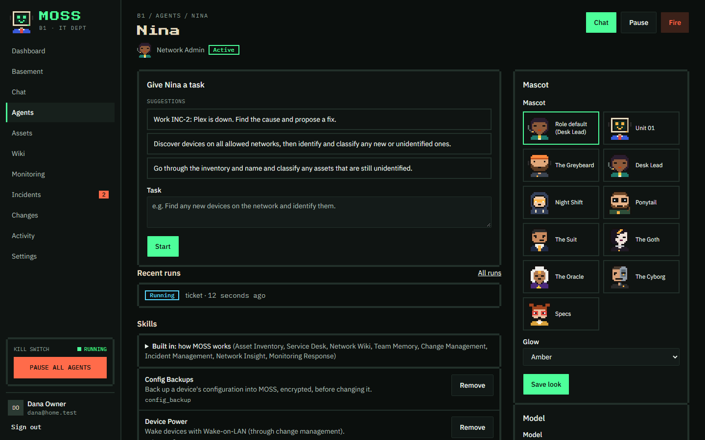 An agent's page, with suggested tasks, recent runs, skills and its mascot