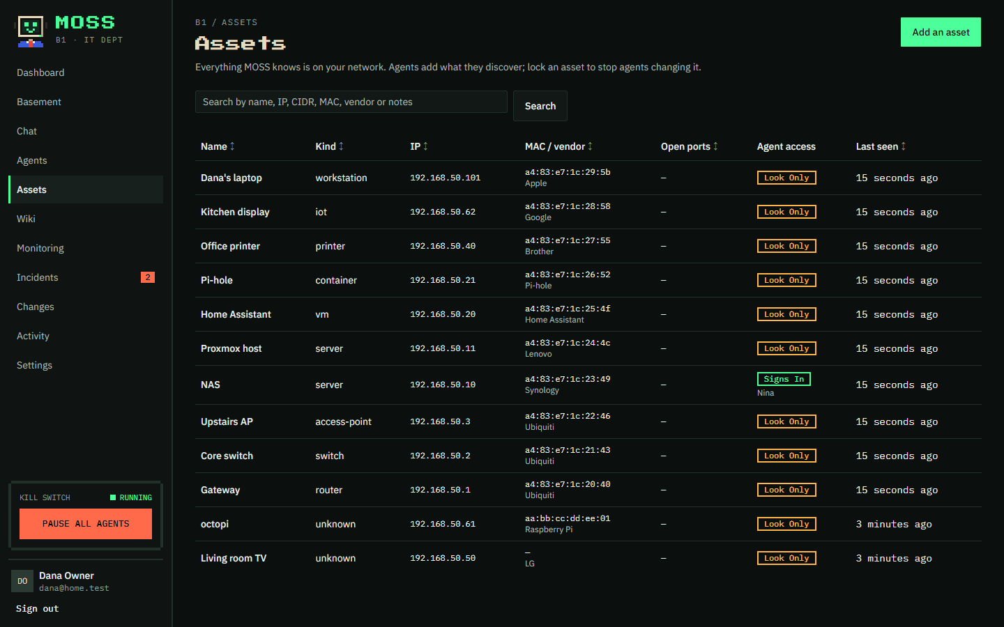 Assets: every device on the network with its kind, address, MAC and maker